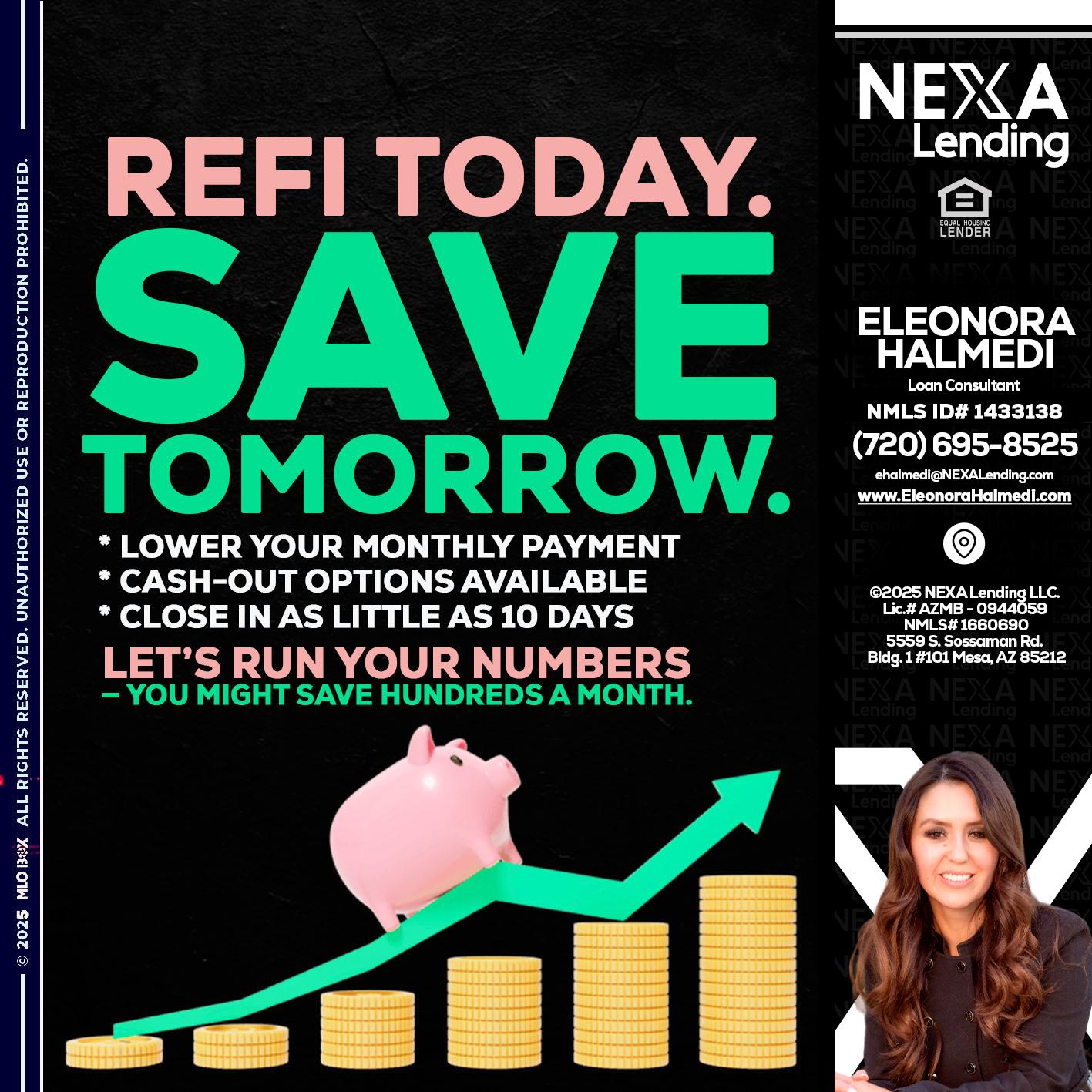REFI TODAY SAVE TOMORROW - Eleonora Halmedi -Mortgage Advisor